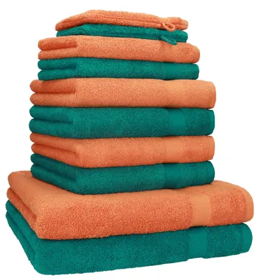 Produktbild von Betz 10-tlg. Handtuch-Set PREMIUM 2 Duschtücher 4 Handtücher 2 Gästetücher 2 Waschhandschuhe Farbe: smaragdgrün & orange
