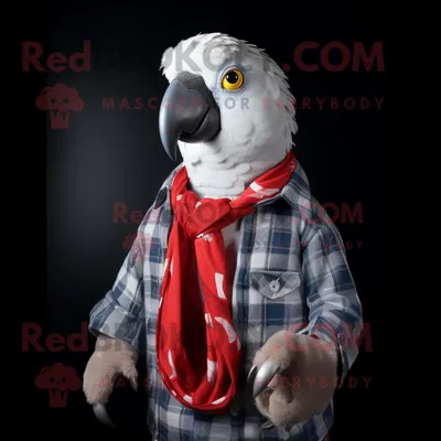 Produktbild von Silberner REDBROKOLY Papagei als Maskottchen kostüm bekleidet mit einem Flanellhemd und Schlüsselanhängern