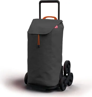 A gray shopping trolley with orange accents and a retractable handle, shown against a white background.