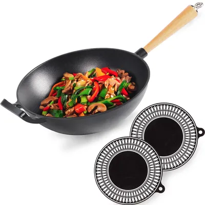 Immagine prodotto di Wok con rivestimento in smalto - 28 cm. Padella antiaderente con manico in legno