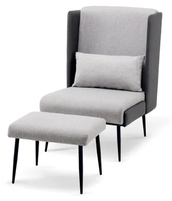 Produktbild von Ohrensessel mit Hocker, Polstersessel Relaxsessel für Wohnzimmer, Lesesessel Bequem, Fernsehsessel mit Flügelrücken, Loungesessel Modern, Stoff/Kunstleder Grau