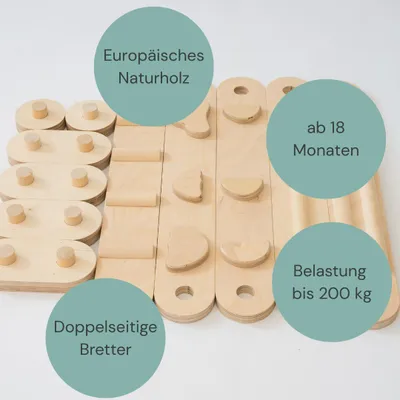 Obrázok produktu pre Balančný chodník z prírodného dreva – balančná dráha so zmyslovými prvkami, dosky sú obojstranné (hladké / s prvkami), 11-dielna, prírodné drevo–CLIFF