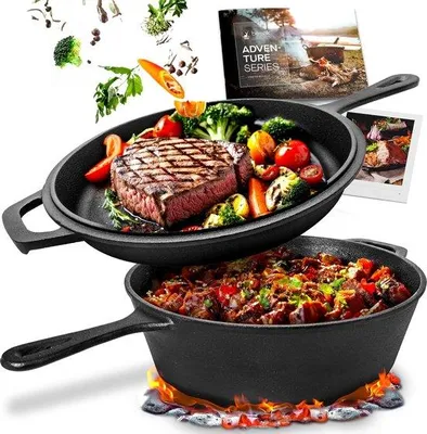 Produktbild von Famanu Gusseisenpfanne 2-in-1 mit Deckel - Durchmesser 27 cm, 5 Liter, vorgebrannt, hitzebeständiger Griff