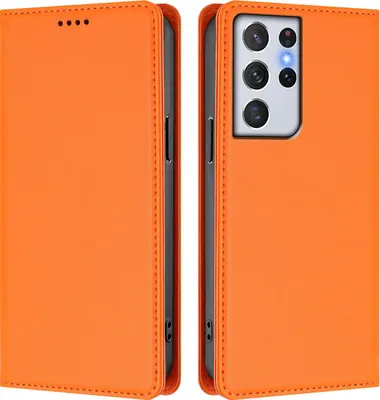 Image de Etui en cuir pour Samsung Galaxy S21 Ultra 5G, étui magnétique en cuirPolyuréthaneavec support Orange