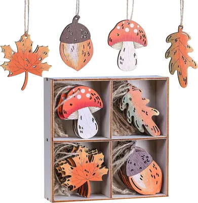 Produktbild von Valery Madelyn Holz Deko Hänger Herbst Dekoration 24er Set Ahornblatt Kiefernzapfen Pilz Blätter Herbstdeko Festliche Fensterhänger