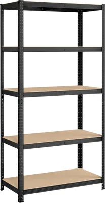 A black metal shelving unit with five wooden shelves against a white background.