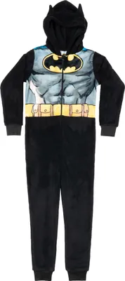 Produktbild von DC Comics Batman Kostüm für Jungen und Mädchen - Overall mit Kapuze für Kinder Onesie Jumpsuit Einteiler Uni Schwarz Karneval Halloween Cosplay Party, Größe:122-128