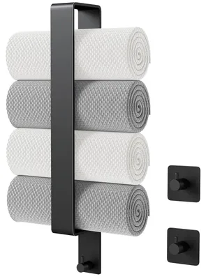 Image de Porte-serviettes sans perçage, porte-serviettes d'invités autocollant de 41 cm, porte-serviettes en acier inoxydable noir mat avec 2 crochets, porte-serviettes mural pour salle de bains