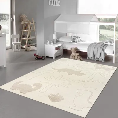Produktbild von Teppich Kinderzimmer Spielezimmer Dino Pflanzenmuster in Creme Größe - 160 x 220 cm