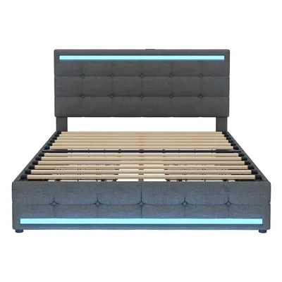 Produktbild von Flieks Polsterbett 140x200cm, Doppelbett mit 2 USB und 4 Schubladen, Stauraumbett Jugendbett mit Lattenrost und Led, Funktionsbett Massivholzbett, Leinen, Grau