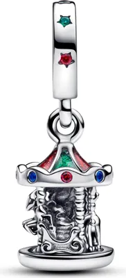 A silver charm shaped like a carousel, with colorful enamel and gemstones.