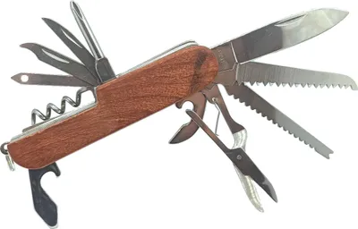 Produktbild von 11in1 Taschenmesser mit Holzgriff, Multifunktionsmesser mit 11 Funktionen und Schlüsselring