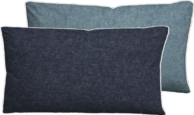 Two pillows are shown, one in front of the other. The front pillow is dark blue, and the back pillow is a lighter blue. Both pillows have a white trim around the edges.