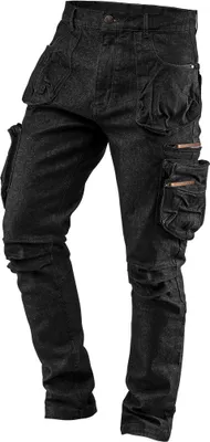 A pair of black denim work pants with multiple pockets.