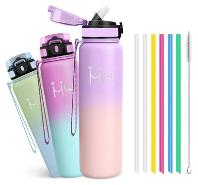 Produktbild von Edelstahl Trinkflasche 1L mit Strohhalm - Auslaufsicher - Thermosflasche für