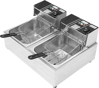 Obrázek produktu pro Fritovací hrnec, dvojitý fritovací hrnec 12 litrů, 5000 W, elektrický fritovací hrnec, nastavitelná teplota 60-200?, nerezová ocel, dvojitý fritovací hrnec s košíky a víky