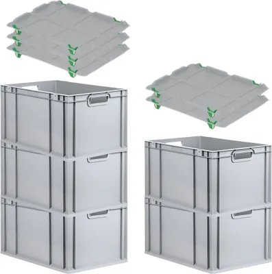 Produktbild von SparSet 5x Eurobox NextGen Economy mit Auflagedeckel und 4x Schiebeschnappverschlüsse Grün | Griffe offen | HxBxT 32x40x60cm | 65 Liter | Eurobehälter, Transportbox, Transportbehälter, Stapelbehälter