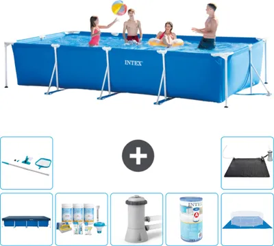 Immagine prodotto di Piscina Intex con struttura rettangolare - 450 x 220 x 84 cm - blu - include copertura - pacchetto di manutenzione - pompa filtro per piscina - filtro - copertura del terreno - kit di pulizia