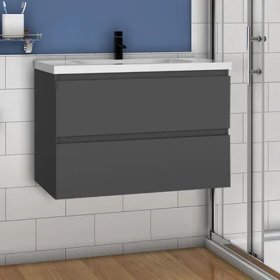 Produktbild von Waschtisch mit Unterschrank 80cm Alast Badmöbel Set Dunklegrau Waschbecken mit Unterschrank MDF Softclose