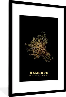 Produktbild von MuchoWow® Gerahmtes Poster Hamburg - Karte - Stadtplan - Gold - Karte 60x90 cm - Poster mit Schwarzem Bilderrahmen Wandposter Rahmen Foto Bilder - Dekoration - Wandposter Wohnzimmer - Hochwertig