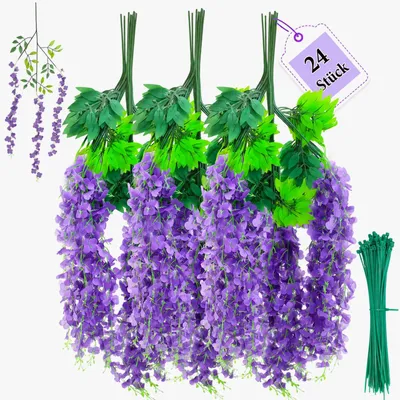Produktbild von Künstliche Blauregen Blumen, 24 Stück, 1 m lang, wetterbeständiges Plastik, für den Außenbereich
