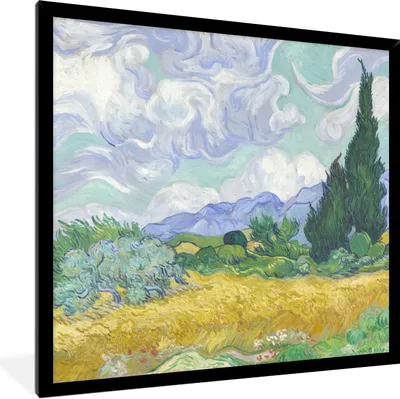 Produktbild von MuchoWow® Gerahmtes Poster Weizenfeld mit Zypressen - Vincent van Gogh 40x40 cm - Poster mit Schwarzem Bilderrahmen Wandposter Rahmen Foto Bilder - Mit Rahmen - Wanddekoration Schlafzimmer