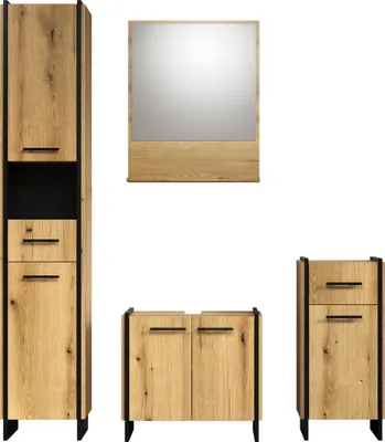 Produktbild von trendteam Bad 4-teilige Kombination Safiya, Evoke Oak Melamin/Schwarz, B/H/T ca. 154/190/34 cm