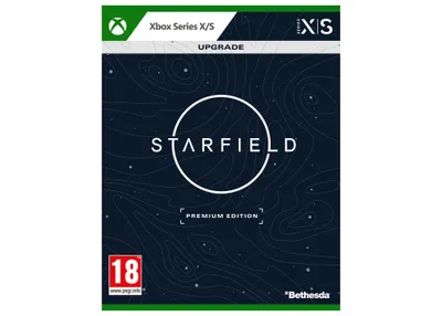 The image shows the front cover of a video game case for Starfield - Premium Edition Upgrade for Xbox Series X/S.