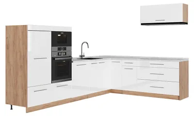 Immagine prodotto di Cucina angolare completa Vicco Fame-Line Bianco lucido/Rovere dorato 327 x 227 cm, PL Marmo, Model 64406