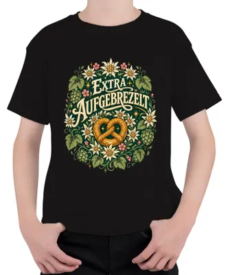 Produktbild von Extra Aufgebrezelt Brezel Edelweiß Lederhose Dirndl Kinder T-Shirt, Schwarz, 128