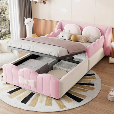Produktbild von Flieks Kinderbett 90x200cm mit 2 Zierkissen, Hydraulisches Polsterbett mit Stauraum, Stauraumbett Einzelbett mit Rausfallschutz, Samt, Rosa