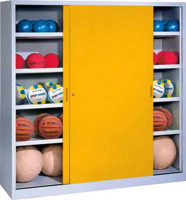 Produktbild von C+P Ballschrank mit Vollblech-Schiebetüren (Typ 4), HxBxT 195x160x50 cm, Verkehrsgelb (RAL 1023), Lichtgrau (RAL 7035), Gleichschließung