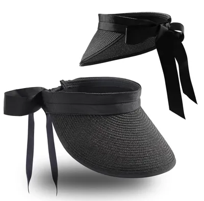 Produktbild von Faltbarer Sommerhut Strohhut mit Klettverschluss und Schleifeband, Schwarz, 52-61 cm