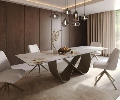 Produktbild von DELIFE Esstisch Edge 300x100cm Keramik Minas Melange Weiß-Beige Infinity Metall Effektfinish Titan