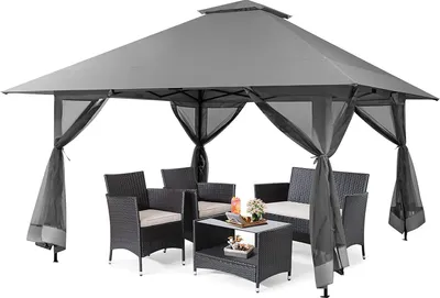 Produktbild von Pavillon 4 x 4m, Wasserdichter & Sonnengeschützter Gartenpavillon, Höhenverstellbares Doppeldach-Gartenzelt mit Abnehmbarem Netzbezug, für Grillfeste, Hochzeiten, Camping(Grau)