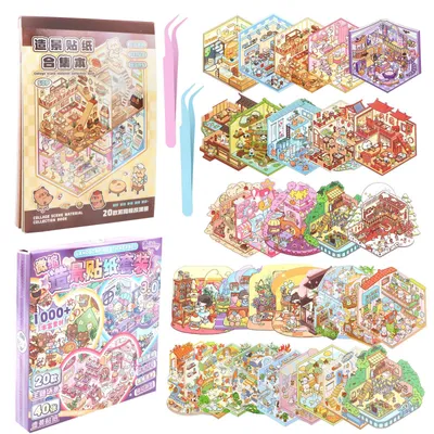 40-teiliges 3D-Stickerbuch mit Szenen, Hausaufkleber, 2 Pinzetten