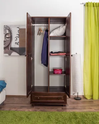 Produktbild von Kleiderschrank aus Kiefer Nussfarben 2-türig 190x80x60 cm mit Kleiderstange, Schublade und Fachböden