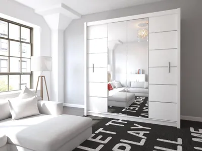 Produktbild von Krudox PRLN 203 cm Weiß Schwebetürenschrank Mit Spiegel Breiten 200/250 cm Kleiderschrank Für Wohnzimmer Mit 2 Kleiderstangen Farben Weiß/Sonoma