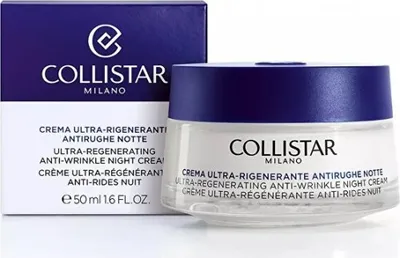 A product shot of a jar of Collistar anti-wrinkle night cream next to its box.