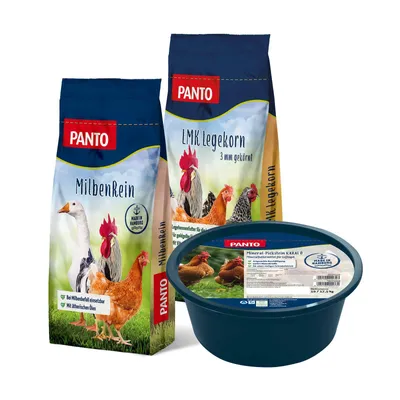 Produktbild von PANTO Hühner-Bundle für Hühner: Legemehlkorn, MilbenRein und Pickstein