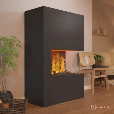 Produktbild von GLOW FIRE Elektrokamin 'Tucholsky Right Corner' | Wasserdampf Kamin mit OMC 600 inkl. Holz in schwarz als Raumteiler | HxBxT: 140x90x45 cm