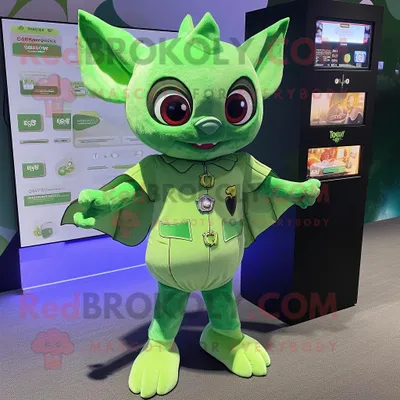 Produktbild von Grüne REDBROKOLY Fledermaus Maskottchen Kostüm figur bekleidet mit einem Strampler und Geldbörsen