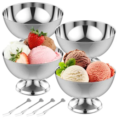 4 Eisvorken + 4 Dessertschalen 250 ml Edelstahl