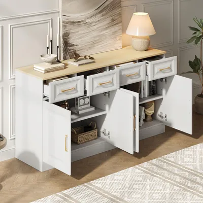 Produktbild von STILVORA Sideboard mit Stauraum,Buffetschrank  landhausstil mit 4 Schubladen,Kommode mit 4 Scheunentüren,für Küche, Esszimmer, Wohnzimmer,Weiß