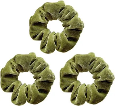 Produktbild von 3 grüne Samt-Scrunchies, elastische Haargummis und Haarbänder mit Bommel, weiche Pferdeschwanzhalter und Haarschmuck für Frauen und Mädchen – 10