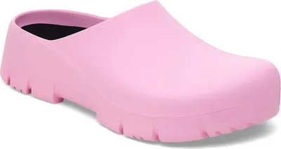 A single pink clog is shown from a side angle against a white background.