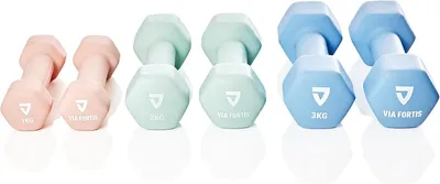 Zdjęcie produktu dla Zestaw hantli neoprenowych VIA FORTIS Premium 12 kg - antypolizgowe hantle 2x1 kg, 2x2 kg i 2x3 kg - do treningu siowego, budowania mini, fitness i treningu