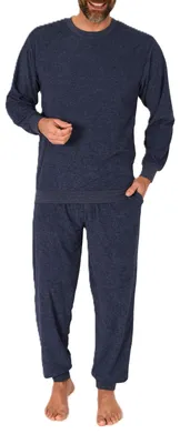 Produktbild von Normann Herren Frottee Schlafanzug lang unifarben mit Bündchen – Pyjama auch in Übergrößen ; blau-mel. , 60