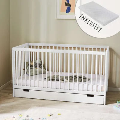 Produktbild von Babybett Kinderbett Gitterbett höhenverstellbar & herausnehmbare Sprossen Holz weiss mit schublade und Matratze 70x140 cm von Geburt bis 6. Lebensjahr