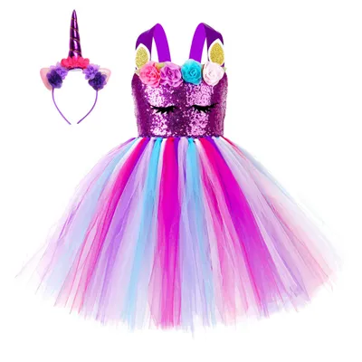 Produktbild von Pailletten Einhorn Tutukleid für Mädchen mit Stirnband – ideal für Geburtstagsfeiern und Tanzpartys L